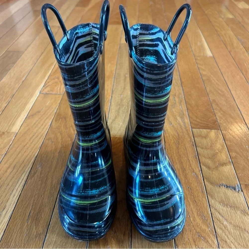 Western Chief Black Brush Stripe Lighted Pull On Boys Youth Rain Boots Size 13